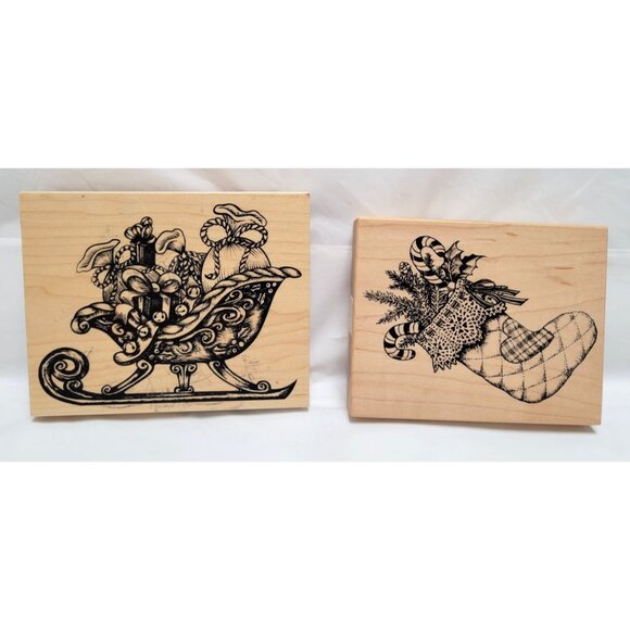 Lot of 4 Vintage Christmas Wooden Rubber Stamps Sleigh Stocking Santa Presents - Picture 3 of 6